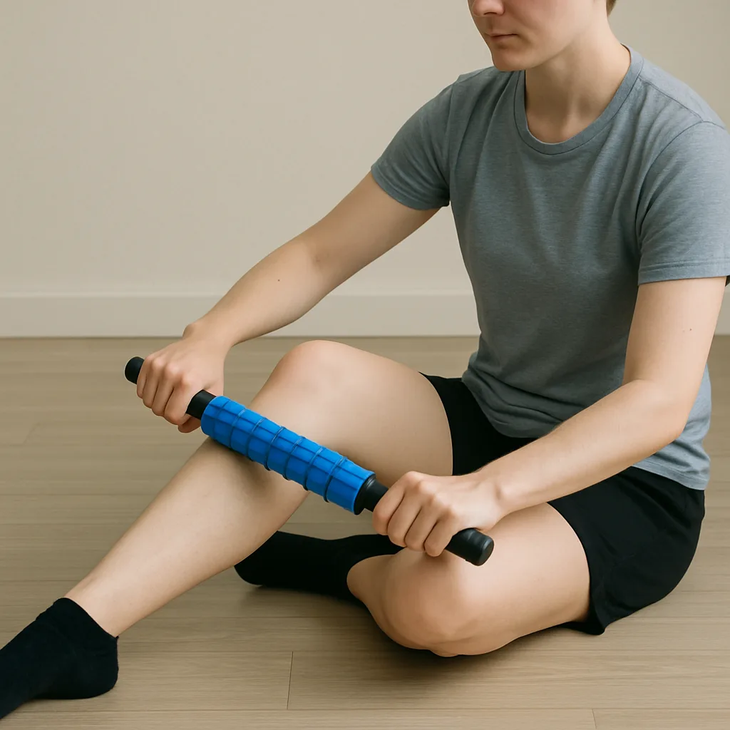 woman applying self massage using a small roller on her calves