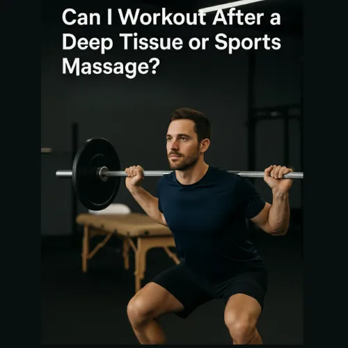 Photo shows a man performing a squat with a massage table in the background