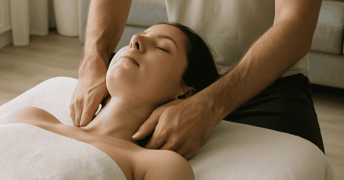 woman laying face up on a massage table receiving gentle neck work