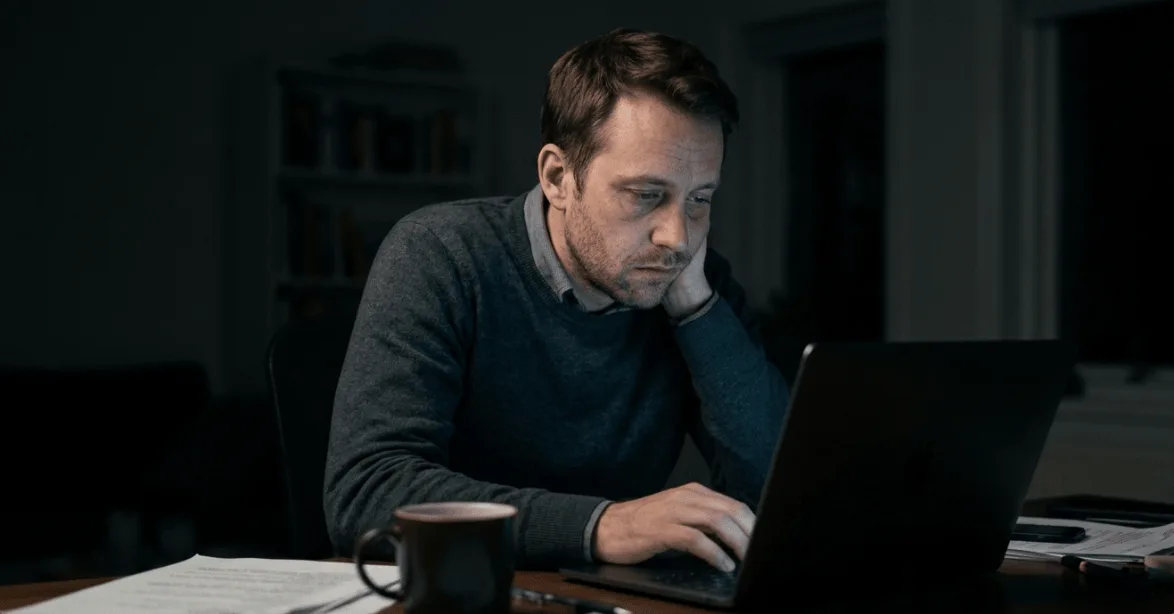 Man hunched over his laptop late at night, stressed and upset