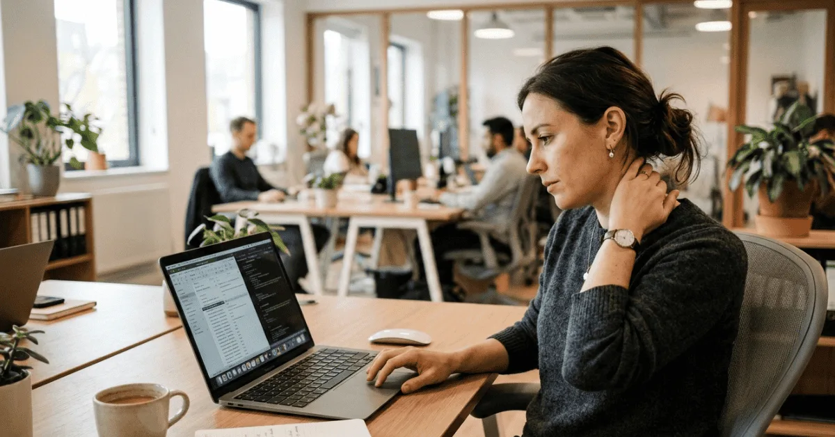woman sitting at a work desk on her computer. with her left hand, she is gently massaging her neck, as if to show it was bothering her