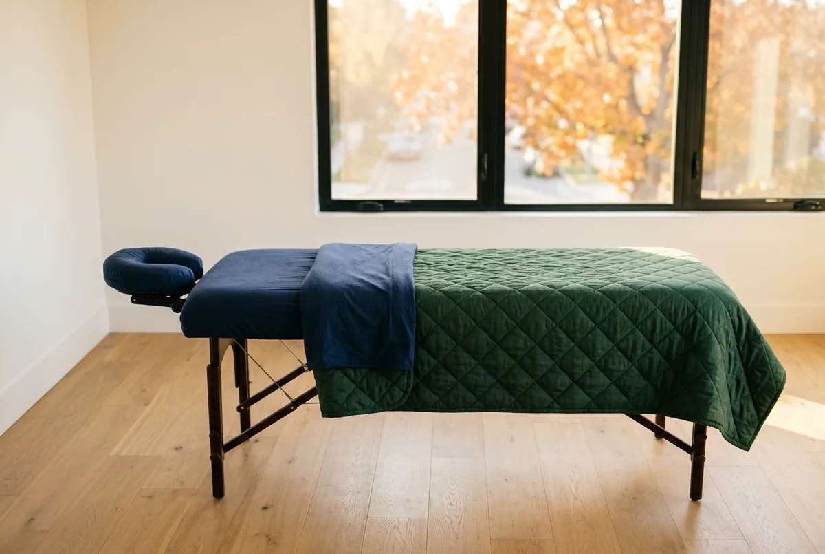 Massage table with navy sheets and a green quilted blanket set up by a window with golden autumn leaves outside