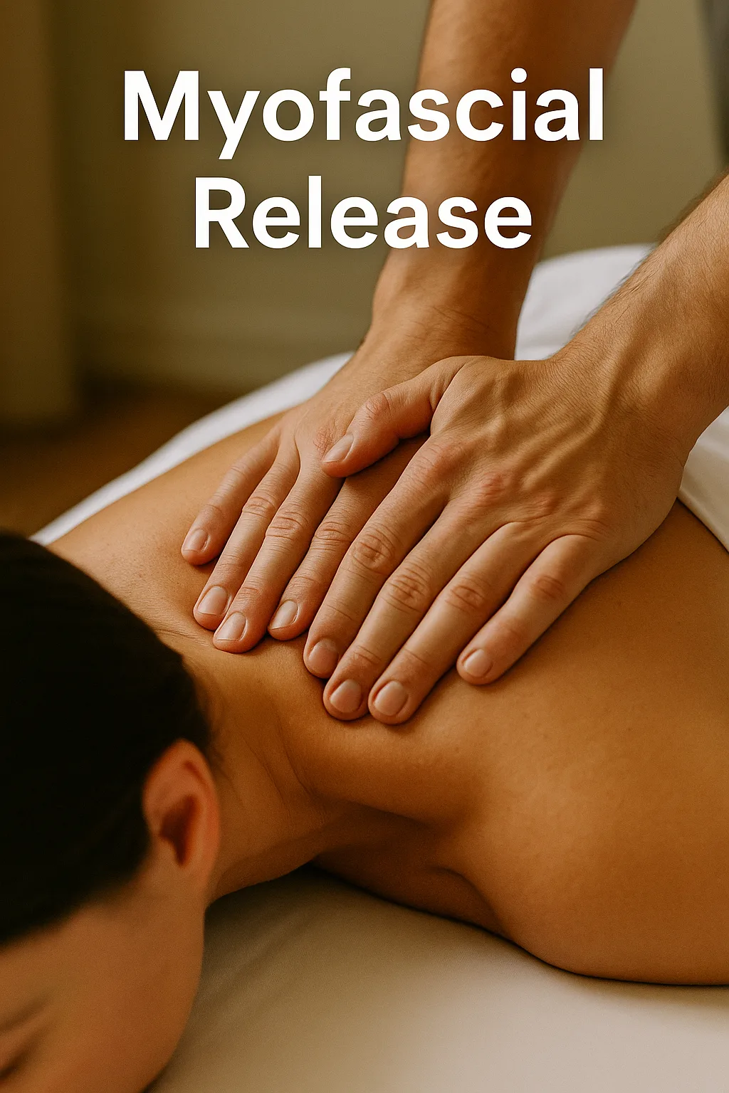 Therapist's hands applying pressure during a myofascial release massage session on a client's upper back and shoulder