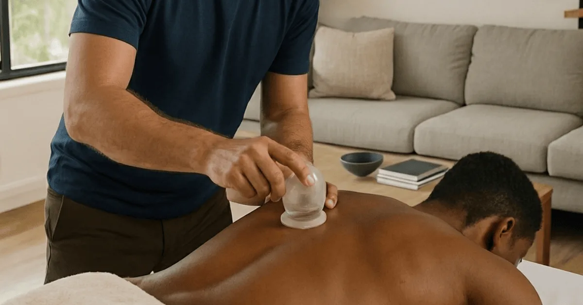 Silicone cup gliding across the upper back during dynamic cupping